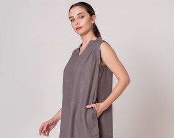 Casual Cotton Dress, Cotton Summer Dress, Taupe Cotton Dress, Dress with Pockets, Taupe Dress, Cotton Boho Dress, Knee Length Summer Dress