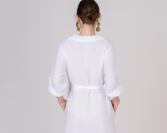 White Cotton Shirt Dress, White Minimalist Dress, Long Sleeve Midi Dress, Dress with Pockets, White Minimalist Dress, White Dress with Belt