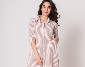 Beige Striped Midi Shirt Dress, Summer Cotton Dress, Tunic Dress, Beige Dress, Cotton Midi Dress, Beige Stripe Dress, Button Up Linen