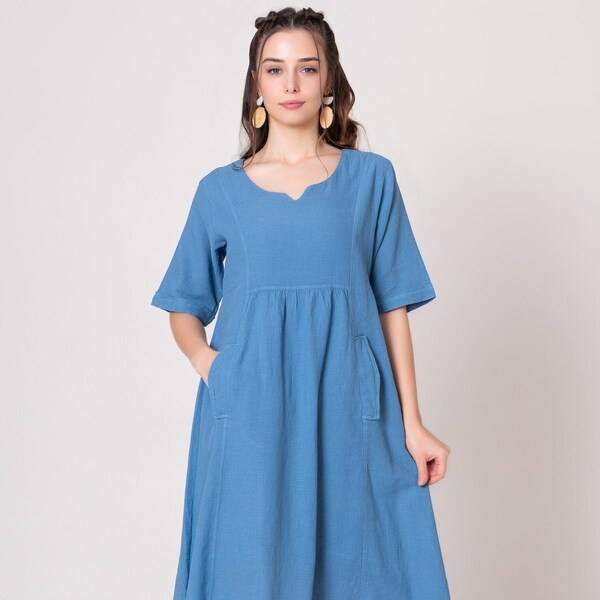 Blue Cotton Dress, Summer Dress, Short Shift Dress, Empire Waist, Short Sleeve Tunic, Dress with Pockets, Pajama Dress, Midi Linen Dress xxl