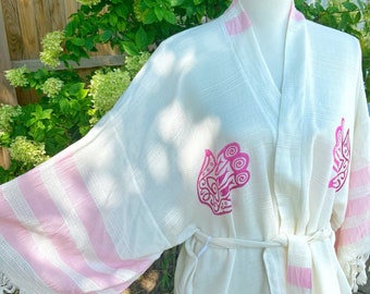 Turkish Hand Stamped Robe, Bamboo Robe, Beach Robe with Belt, Cotton Robe , Resort Wear, Turkish Bath Robe,  Beach Cover Up, Spa Robe