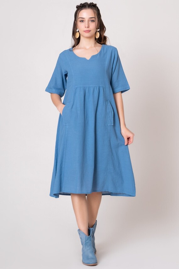 Blue Cotton Dress Summer Dress Short Shift Dress Empire Etsy