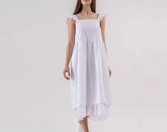 Robe en coton blanc, robe à œillets blancs, robe d’été avec poches, robe à manches volantes, robe de plage en coton, robe de vacances, robe blanche