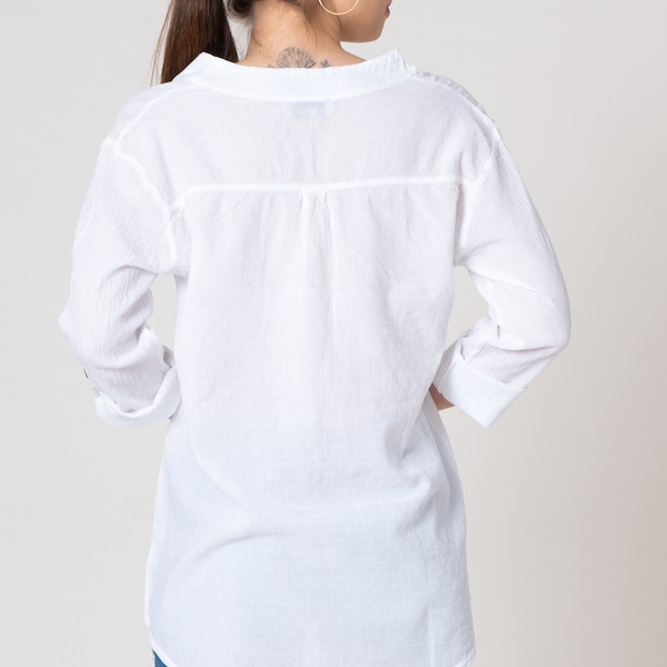 White Cotton Linen Shirt, Women's Summer Shirt, Summer Blouse, Classic White Button Up, Cotton Blend Shirt, Band Collar, Adjustable Sleeves