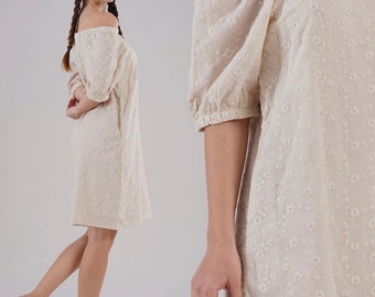 Off the Shoulder Dress, Robe en coton beige. Robe de femme ample, robe courte en coton. Robe d’été en coton. Robe Boho en coton, Robe beige