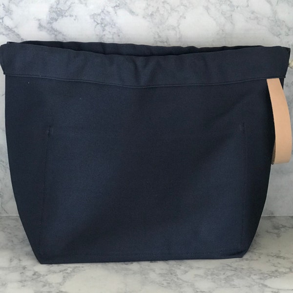 Giant Sweater Size Canvas Knitting Project Bag, Leather Handle, Unlined, Navy