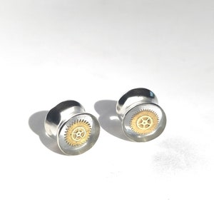 May include: Two silver ear gauges with clear acrylic inserts and gold-colored gear designs.
