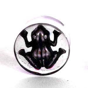 May include: A clear, circular ear gauge with a black frog design. The frog is centered within the gauge, with its arms and legs outstretched. The gauge is made of a transparent material, allowing light to pass through.