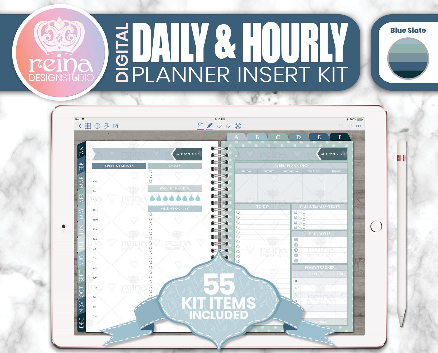 Daily & Hourly Digital Planner Insert Kit Blue Slate Etsy