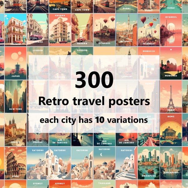 300 Retro Travel posters, Travel prints, set of 300, bundle travel posters, with title and without, PNG, 300DPI