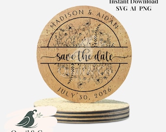 Wildflower Save the Date Coaster SVG, Wedding Favor Laser File, Personalized Engraving Design, Engagement Favor, Wedding Announcement Magnet