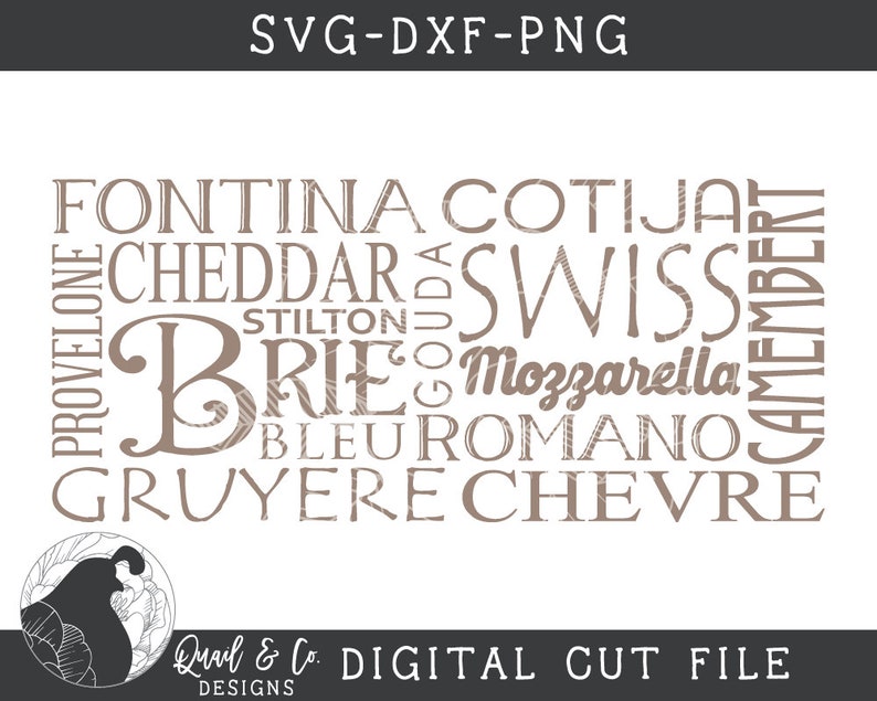 Puede incluir: Un dise&ntilde;o de archivo de corte digital con una nube de palabras de varios tipos de queso, incluyendo Fontina, Cotija, Cheddar, Suizo, Brie, Mozzarella, Bleu, Romano, Gruyere y Chevre. El dise&ntilde;o es de color marr&oacute;n y tiene un estilo r&uacute;stico y vintage.