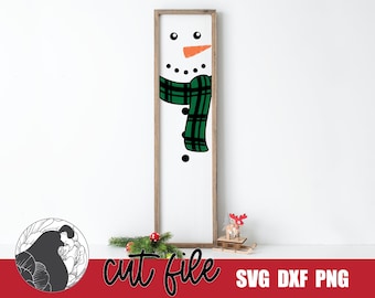 Snowman Porch Sign SVG, Snowman Sign SVG, Holiday Welcome Cut File, Christmas Sign Design, Snowman with Plaid Scarf SVG
