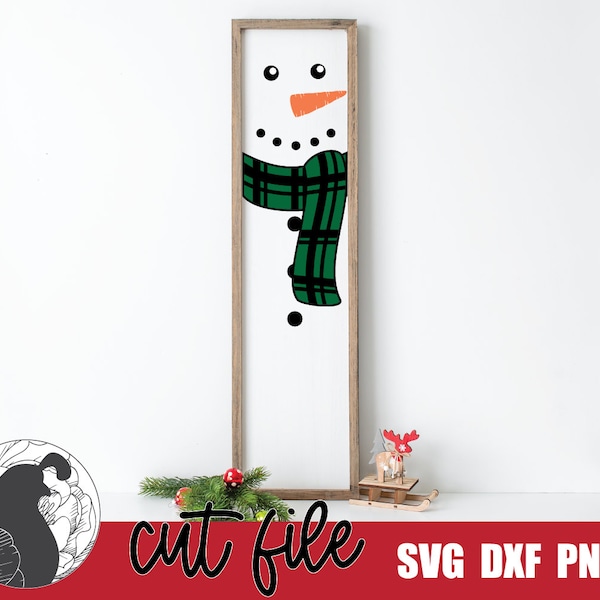 Snowman Porch Sign SVG, Snowman Sign SVG, Holiday Welcome Cut File, Christmas Sign Design, Snowman with Plaid Scarf SVG