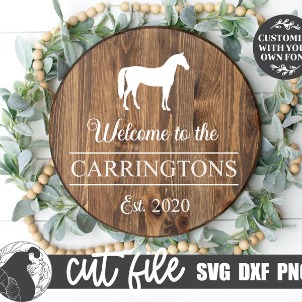 Equestrian Welcome, Horse SVG, Door Hanger Design, Farmhouse Sign SVG, Horse Cut File, Round Sign SVG, Cricut Files, Silhouette Designs, png