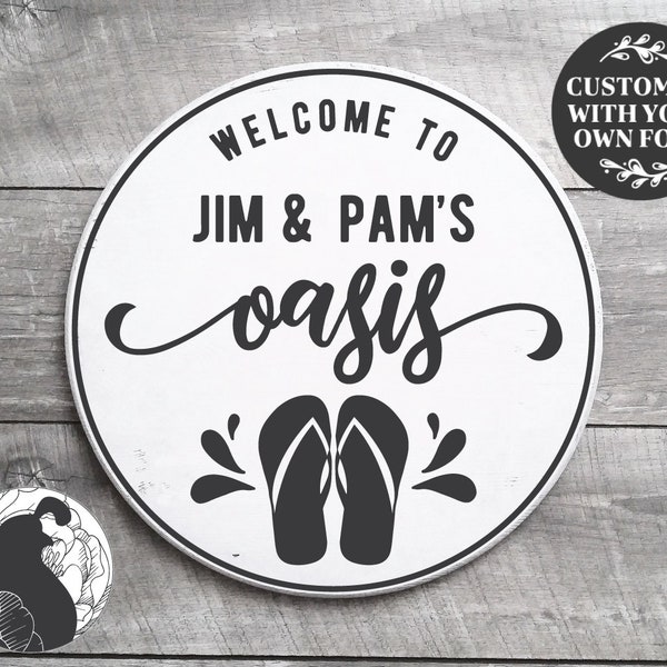 Round Welcome to Our Oasis, Patio Sign SVG, Backyard Sign Design, Friendship, Gather, Family, Backyard, BBQ, Pool, Cricut, Silhouette