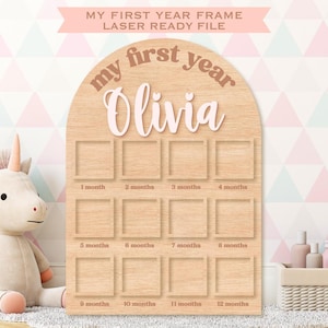 Archivo láser con marco de mi primer año, marco de fotos para bebé SVG, SVG listo para usar con láser, regalo para bebé SVG, decoración de guardería, archivos Glowforge, descarga digital