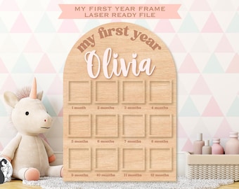 Archivo láser con marco de mi primer año, marco de fotos para bebé SVG, SVG listo para usar con láser, regalo para bebé SVG, decoración de guardería, archivos Glowforge, descarga digital