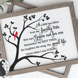 Puede incluir: Un letrero de madera enmarcado con fondo blanco, silueta de árbol negro y cardenal rojo. El texto dice: "A LIMB has fallen from the family tree...Grieve not for me...Remember the BEST TIMES...the good life...I lived while I was STRONG."