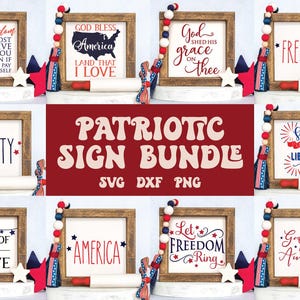 May include: A collection of framed patriotic signs with various quotes and phrases in red, white, and blue. Each sign is in a wooden frame and decorated with stars, beads, and other patriotic elements. The signs are perfect for celebrating Independence Day.