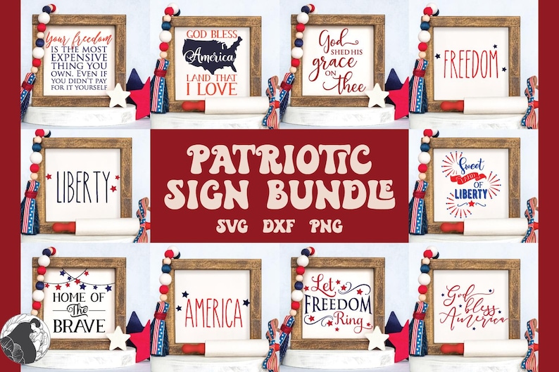 May include: A collection of framed patriotic signs with various quotes and phrases in red, white, and blue. Each sign is in a wooden frame and decorated with stars, beads, and other patriotic elements. The signs are perfect for celebrating Independence Day.