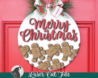 Archivo de corte láser de pan de jengibre, signo de Navidad SVG, listo para láser, diseño Glowforge, linda artesanía navideña, signo de vacaciones redondo SVG, decoración de Navidad