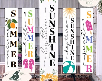 Summer Porch Sign SVG Bundle, Hello Summer SVG, Sunshine Porch Leaner Sign, Farmhouse Vertical Sign, Cricut Cut File, Front Door Decor