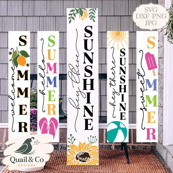 Summer Porch Sign SVG Bundle, Hello Summer SVG, Sunshine Porch Leaner Sign, Farmhouse Vertical Sign, Cricut Cut File, Front Door Decor