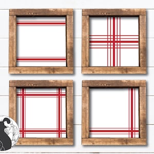 May include: Four framed square prints with a red and white gingham pattern. The frames are made of wood and have a rustic finish.