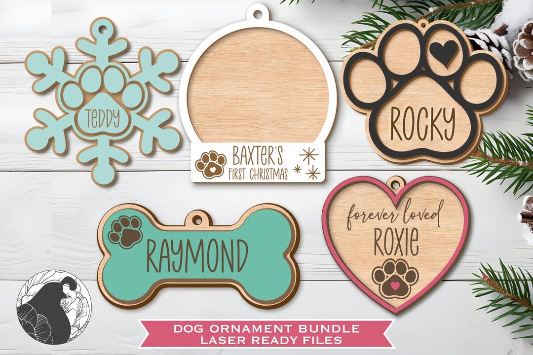 Dog Ornament Laser Cut File Bundle: Pet Name Paw Print SVG (digital ...