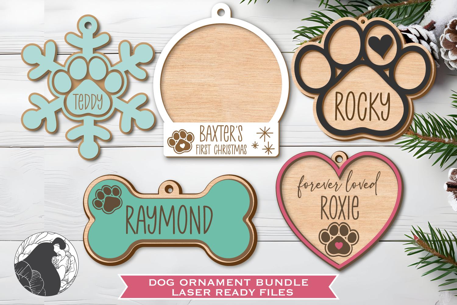 Dog Ornament Laser File Bundle, Pet Name Ornament SVG, Glowforge Designs, Paw Print SVG, Dog Mama Gift, Digital Download, Laser Ready Files
