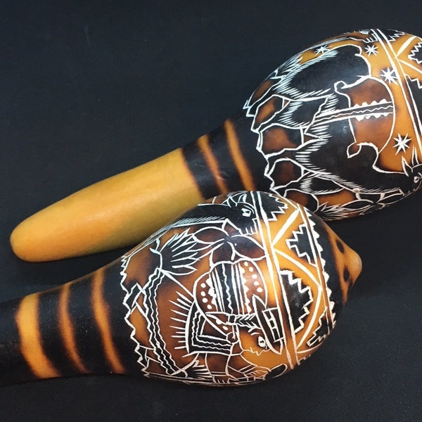 2x South American Carved Instrument Maracas Rattles Peruvian Folk Art Hand Carved ethnic percussive heads of spirits Native Gourd #1