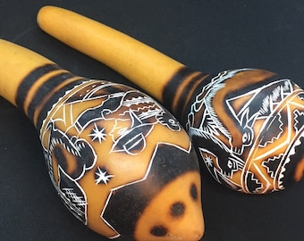 2x Peruvian Hand-Carved Maracas – Native Gourd Rattles with Spirit Faces, Folk Art Ethnic Percussion Instruments, South American Decor Large