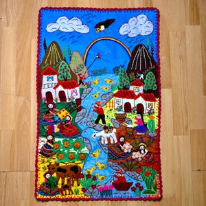 Applique Quilt wall Mural 20&quot;x30&quot;- Arpillera-3D Hand Embroidered Peruvian Village Peru textile collage fabric Andean Folk Art (332) Handmade
