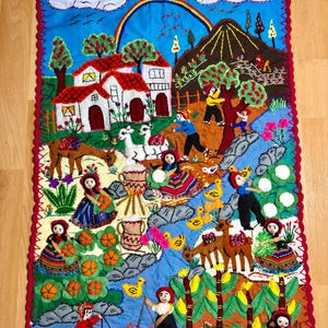 South American Wall Tapestry – Handmade Peruvian Arpillera Textile Art, 3D Village Scene, Embroidered Wall Quilt, Folk Art Gift