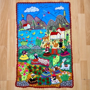 Peruvian Wall Tapestry – 3D Boho Arpillera Wall Quilt, Embroidered Village Scene, Fabric Wall Art, Folk Textile Hanging, Unique Gift