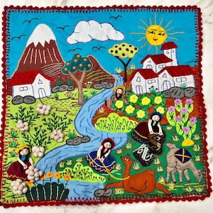 Peruvian Arpillera 20&quot;x20&quot; Pillow Cover – Handmade 3D Appliqué Embroidered Village Scene Cushion Case, Andean Folk Art Boho Decor