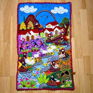 Applique Quilt wall Mural 20&quot;x30&quot;- Arpillera-3D Hand Embroidered Peruvian Village Peru textile collage fabric Andean Folk Art (336) Handmade