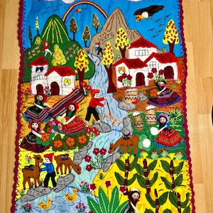 Peruvian Wall Tapestry – 3D Boho Arpillera Wall Quilt, Embroidered Village Scene, Fabric Wall Art, Folk Textile Hanging, Unique Gift