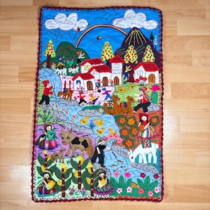 Boho Arpillera Wall Hanging from Peru Appliqué – 3D Village Scene Quilt, Hand Embroidered Folk Textile Art, 20&quot;x30&quot; Unique Gift Idea