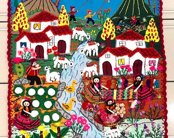 Applique Quilt wall Mural 20"x30"- Arpillera-3D Hand Embroidered Peruvian Village Peru textile collage fabric Andean Folk Art (18) Handmade