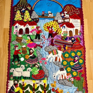 Peruvian Wall Tapestry – 3D Boho Arpillera Wall Quilt, Embroidered Village Scene, Fabric Wall Art, Folk Textile Hanging, Unique Gift