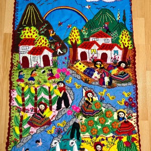 Handmade Peruvian Wall Quilt – 3D Arpillera Textile Art, Embroidered Village Scene, Folk Art Wall Hanging, South American Home Decor