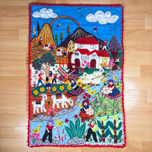 Applique Quilt wall Mural 20&quot;x30&quot;- Arpillera-3D Hand Embroidered Peruvian Village Peru textile collage fabric Andean Folk Art (323) Handmade