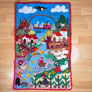 Peruvian Textile Wall Hanging – Handmade 3D Arpillera Quilt, Andean Village Scene, Boho Folk Art Decor