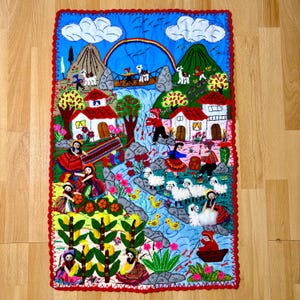 Applique Quilt wall Mural 20&quot;x30&quot;- Arpillera-3D Hand Embroidered Peruvian Village Peru textile collage fabric Andean Folk Art (337) Handmade
