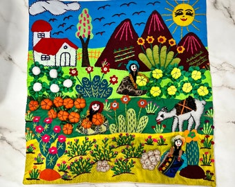 Applique Quilt wall Mural Pillow case 16"x16" Arpillera-3D Hand Embroidered peruvian Village Peru textile collage Andean Folk Art Handmade