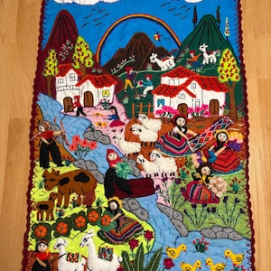 Boho Arpillera Wall Hanging from Peru Appliqué – 3D Village Scene Quilt, Hand Embroidered Folk Textile Art, 20&quot;x30&quot; Unique Gift Idea