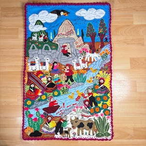 Andean Arpillera Wall Hanging 20x30 – Peruvian Folk Art Quilt, Handmade 3D Village Scene, Boho Home Decor