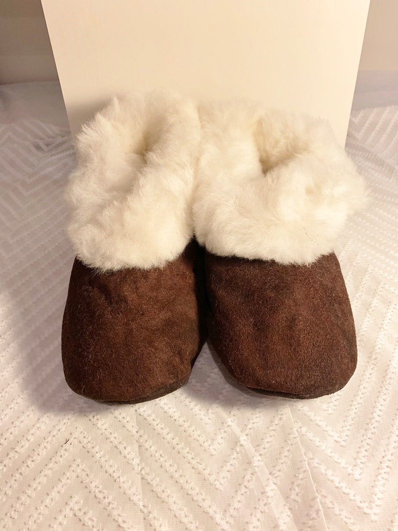 Handmade Peruvian Unisex Classic Baby Alpaca Wool Leather Slippers booties Super Soft Warm Fuzzy Inside and Out Brown image 1